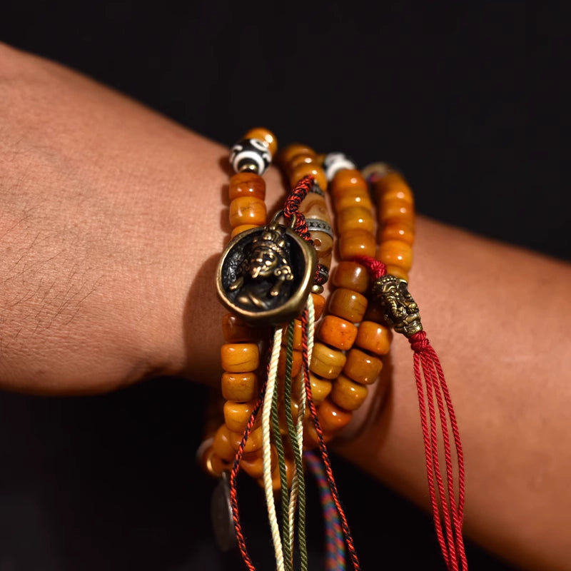 Handmade 108 yak bone mala wrapped as multi-loop bracelet, spiritual meditation jewelry