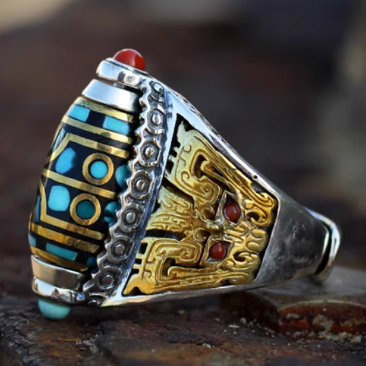 Tibetan turquoise rotating dZi bead ring
