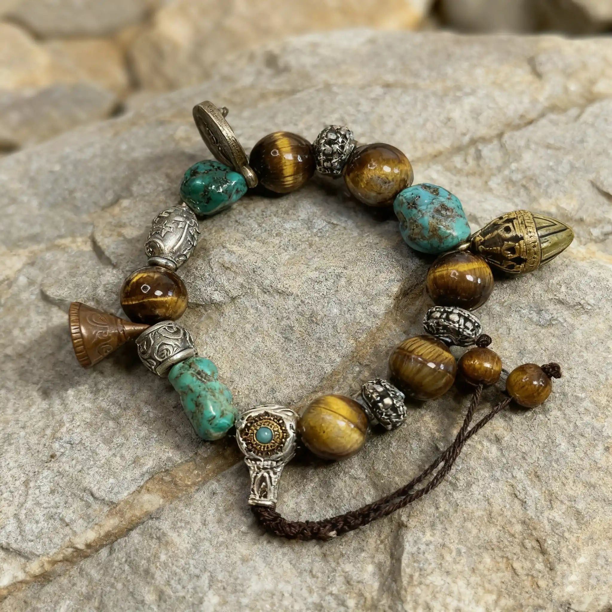 Tibetan DIY Bracelet: Turquoise, Tiger Eye & Silver – Embrace Nomadic Fashion and Showcase Your Spiritual Vibe.