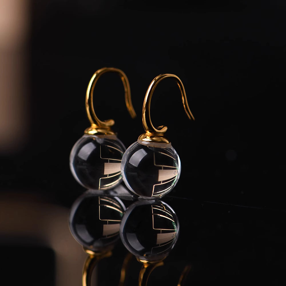 Gold plated silver hook drop earrings with polished natural clear quartz beads, minimalist women fine jewelry