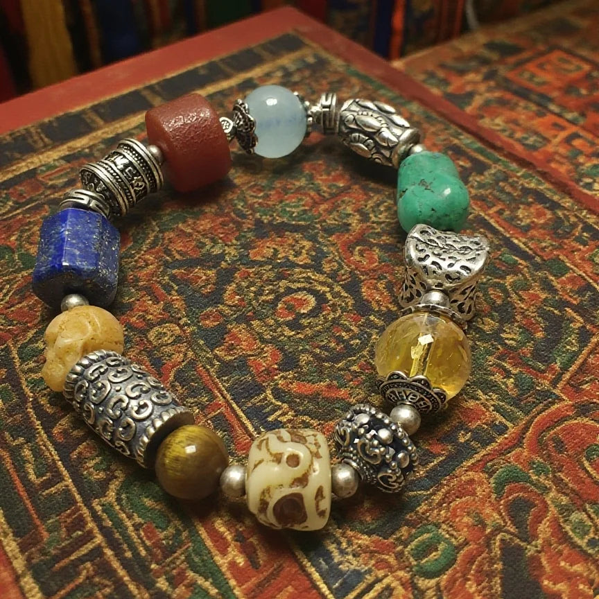 Artisan-Crafted Bracelet: Crystal, Turquoise, Lapis Lazuli, Agate, Tibetan Silver, Ox Bone.