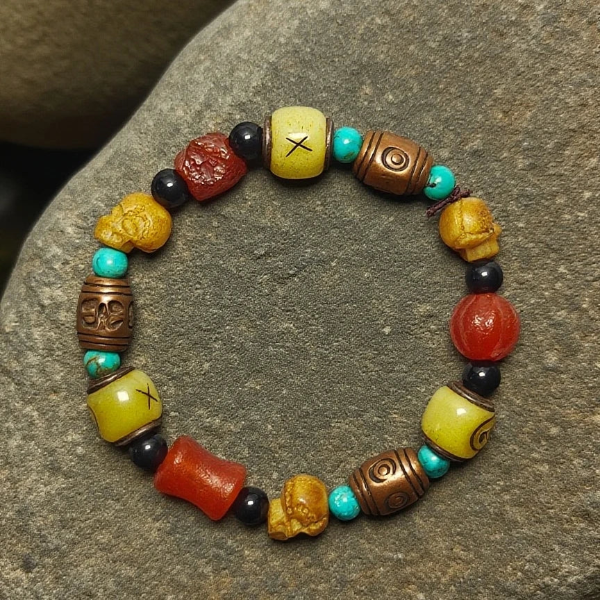 Artisan Handwoven Bracelet with Turquoise, Copper Dzi Beads, Agate, Ox Bone & Skull Beads.