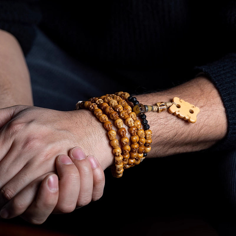 Xizang natural yak bone Buddha bead bracelet, carved with yak bone skull, 108 beads