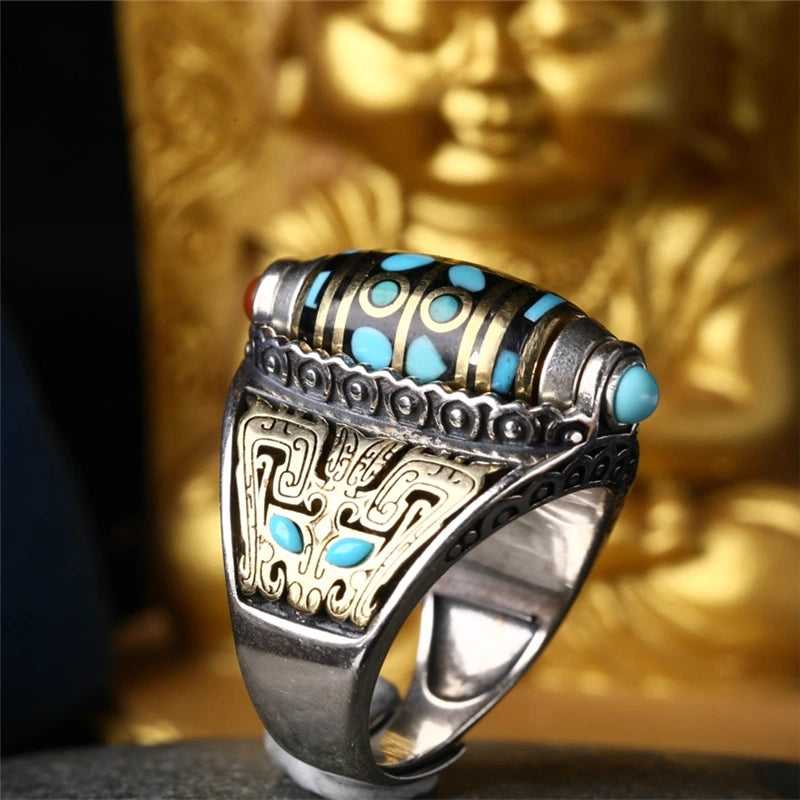 Tibetan turquoise rotating dZi bead ring