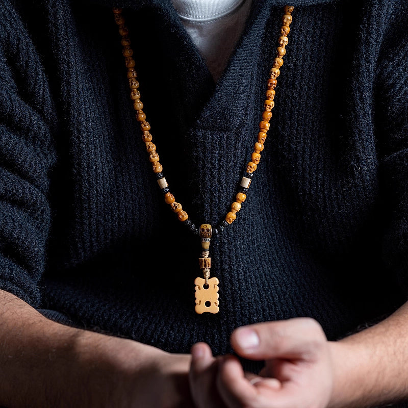 Xizang natural yak bone Buddha bead bracelet, carved with yak bone skull, 108 beads