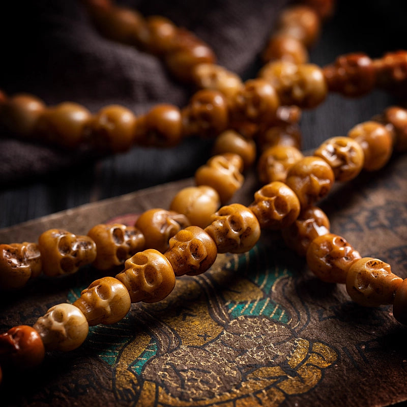 Xizang natural yak bone Buddha bead bracelet, carved with yak bone skull, 108 beads