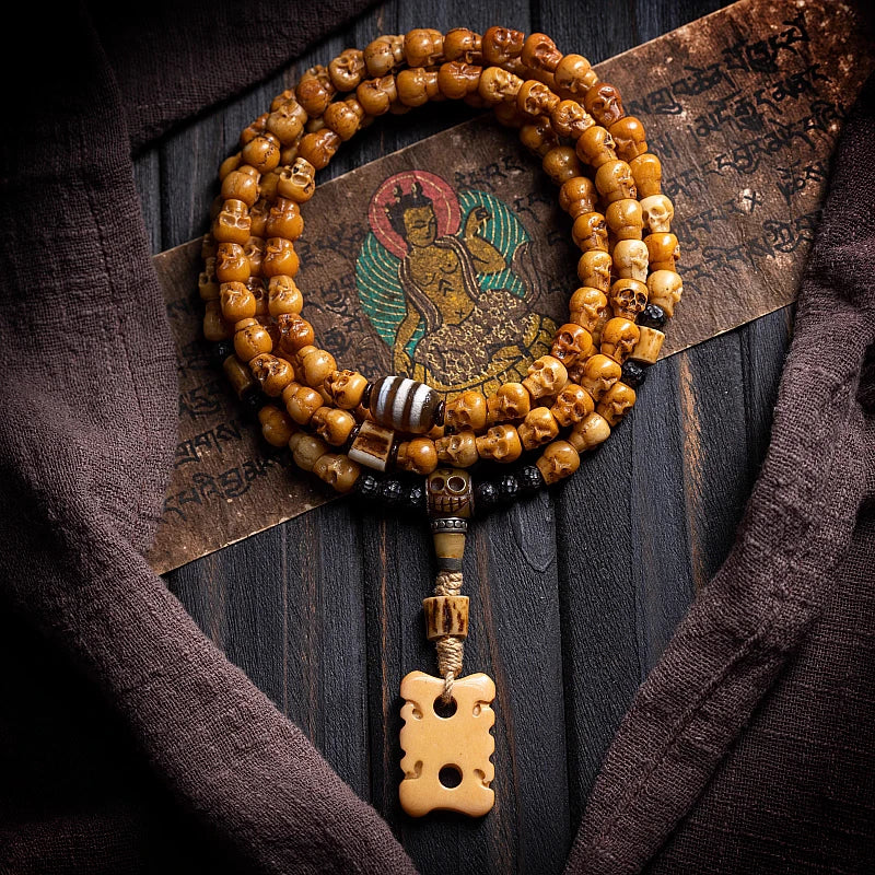 Xizang natural yak bone Buddha bead bracelet, carved with yak bone skull, 108 beads