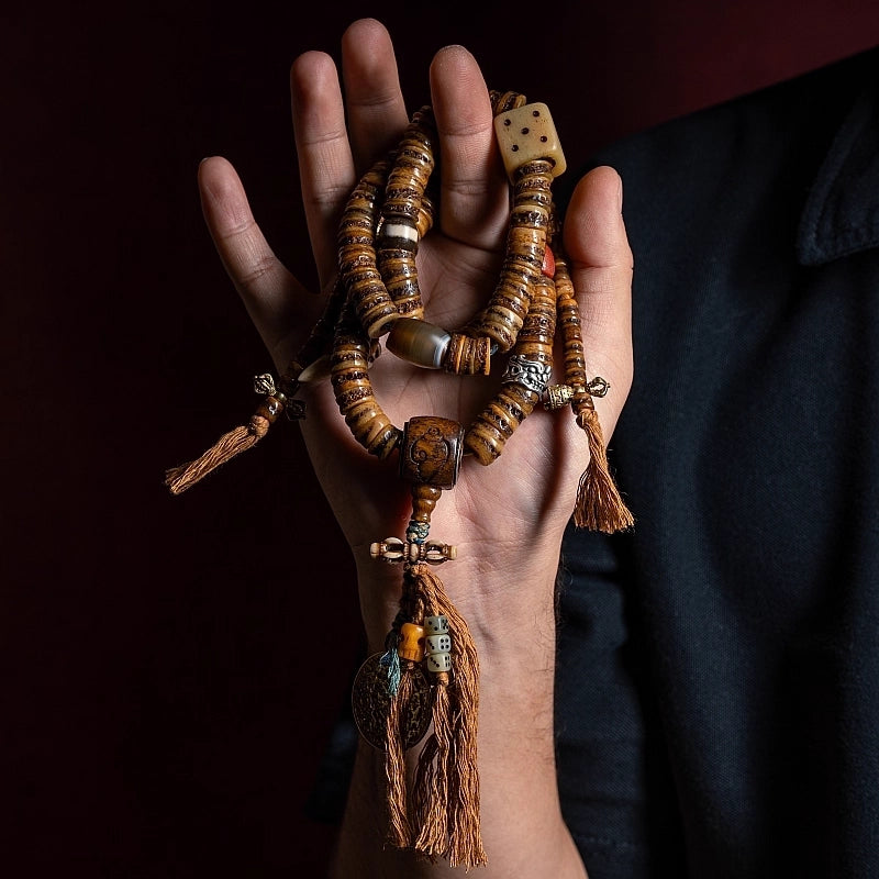 Tibetan-style old material yak bone Buddha bead bracelet, 108 beads, for playing and recreating, replica spirit bone, clattering