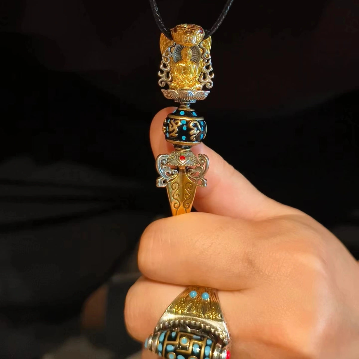 Side view of rotatable anti-anxiety talisman necklace, handmade wellness spiritual accessory
