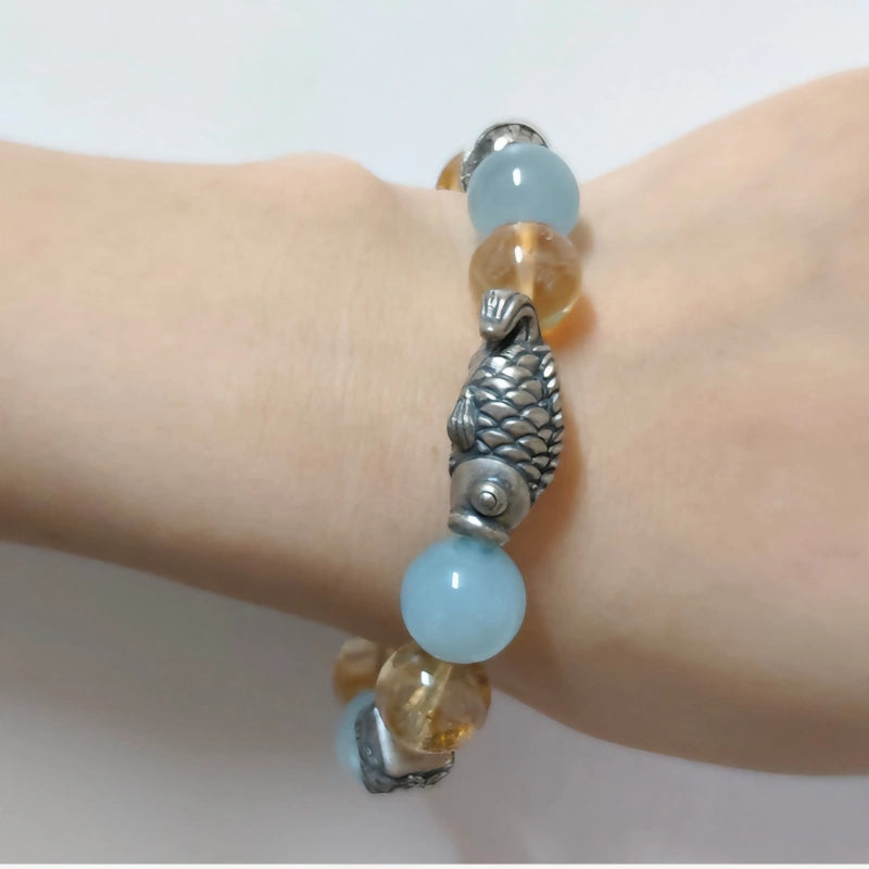 Handmade aquamarine citrine beaded bracelet with vintage tibetan silver fish charm, spiritual healing crystal stacking bracelet for women