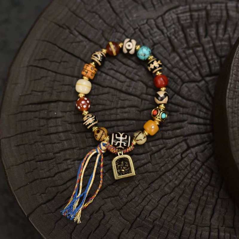 Dzi Bead Yak Bone Bracelet with Tibetan Gau Box Amulet Pendant and Silk Tassel