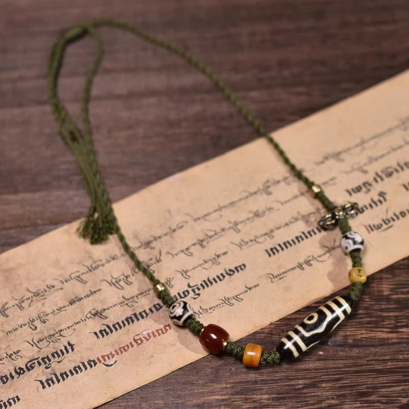 Complete hand woven necklace with classic Tibetan dzi bead, ethnic daily wear jewelry