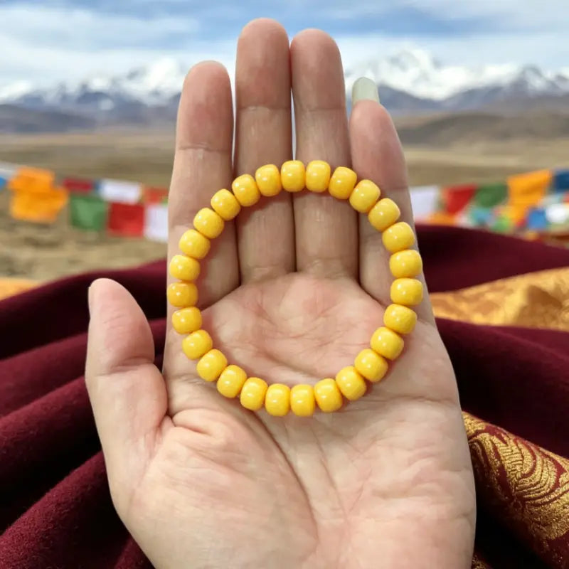 Hand holding an 8mm golden beeswax amber bead bracelet with snow mountains in the background