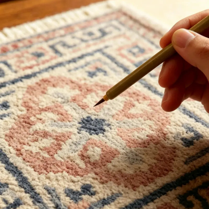 Artist using weasel hair liner brush to paint fine details on a Tibetan-style pattern