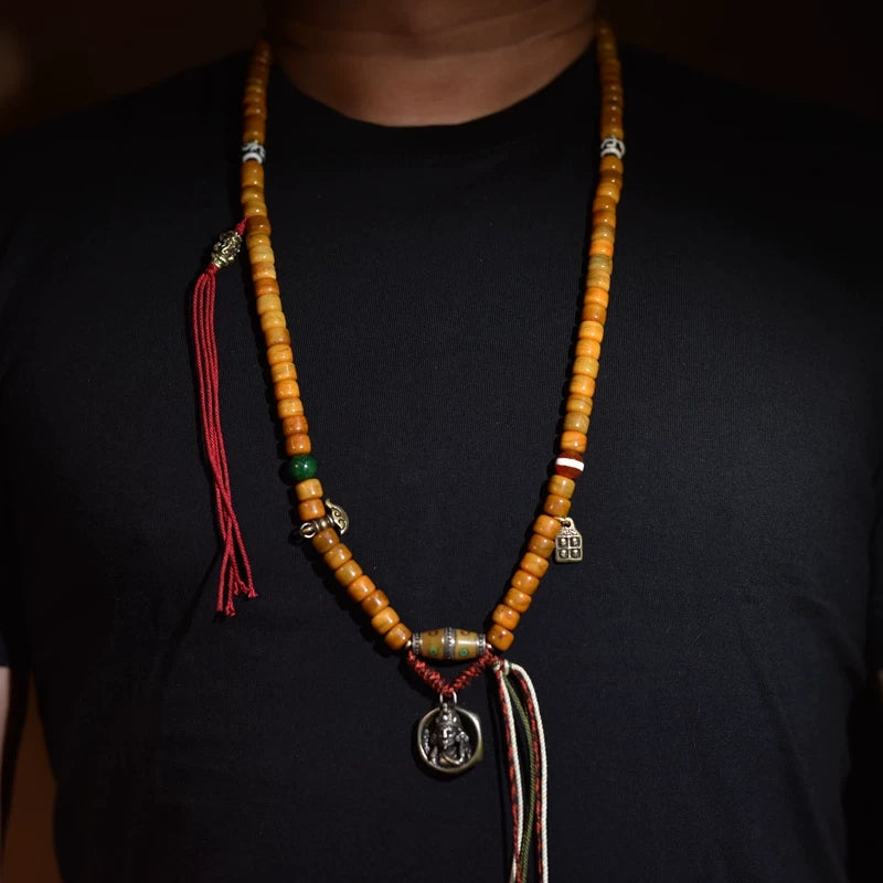 Spiritual 108 Tibetan yak bone mala long necklace with dzi beads and copper accents for spiritual grounding