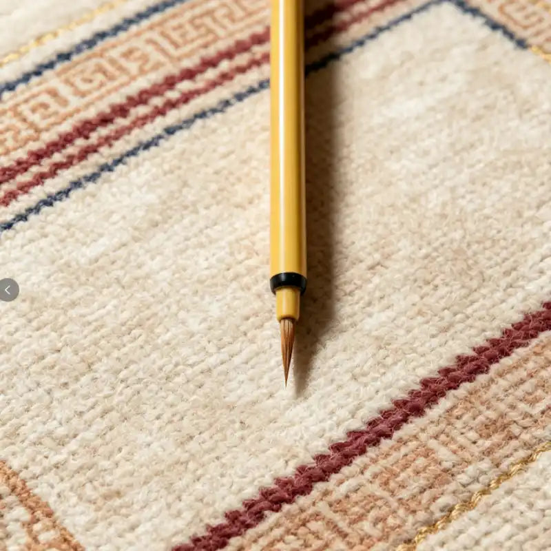 Close-up of thangka liner brush tip on textured fabric