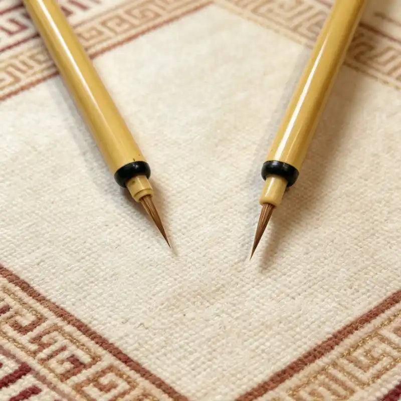 Two thangka liner brushes side by side showing weasel hair tips