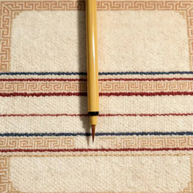 Thangka liner brush fine pointed tip shown against ruled fabric