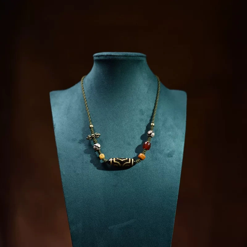 Hand woven rope necklace with vintage Tibetan dzi bead, retro ethnic spiritual handmade jewelry