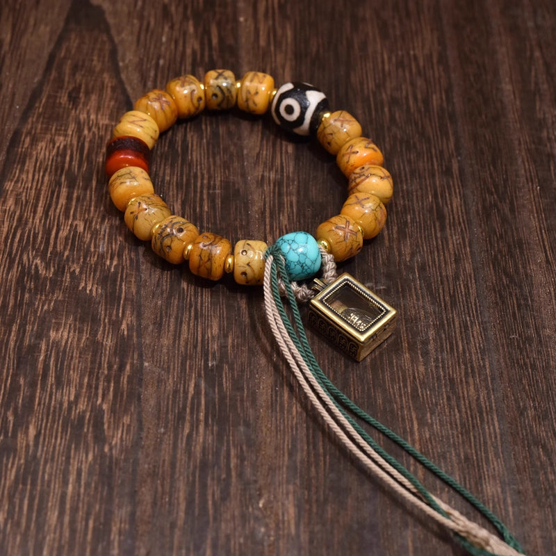 Unisex handmade Tibetan natural yak bone bracelet, decorated with two-eye dzi bead, Lhasa turquoise and Zhaji Lhamo gawu box pendant, vintage Himalayan spiritual mala for calming anxiety