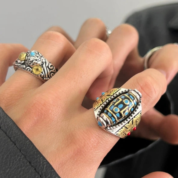 Handmade Tibetan rotatable dzi bead silver ring inlaid natural turquoise, vintage two-tone craft spiritual jewelry worn on hand