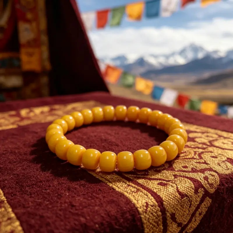 Tibetan-style beeswax amber bracelet resting on maroon and gold embroidered cloth with prayer flags