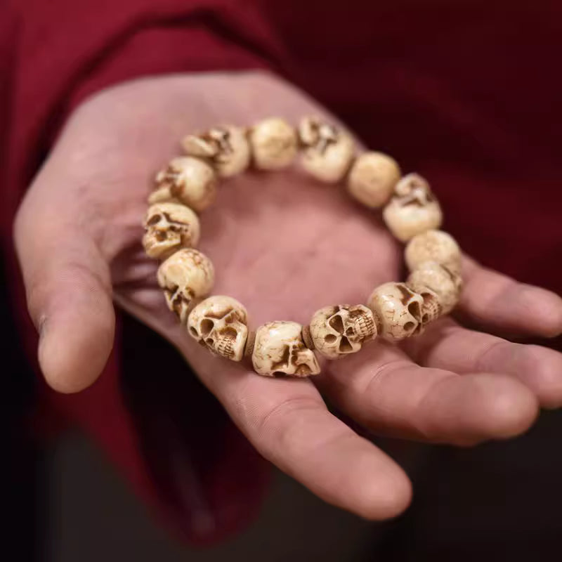 Full flat view men's Tibetan Citipati single loop yak bone spiritual bracelet