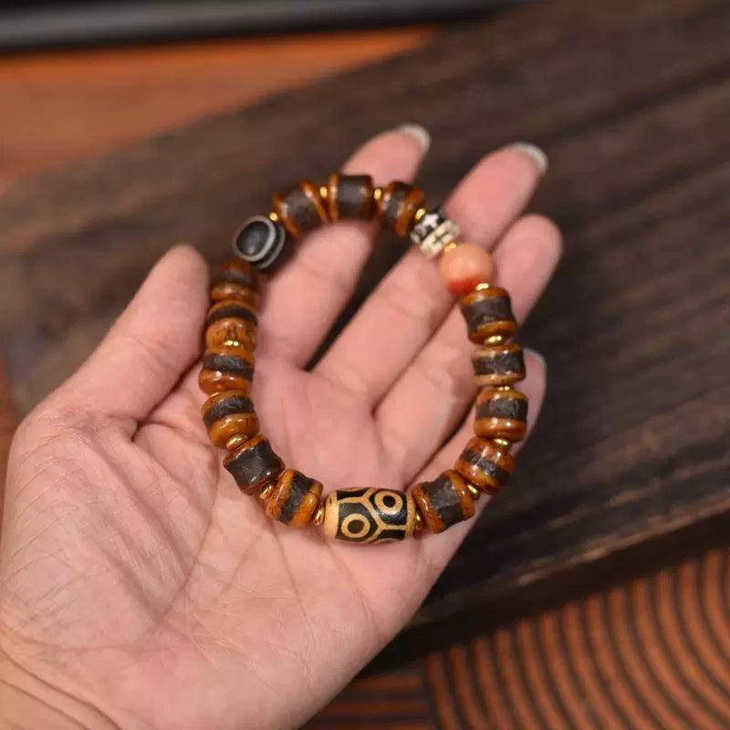 Vintage Tibetan yak bone single loop bracelet with dzi stone, hand polished natural bone meditation mala unisex spiritual jewelry

