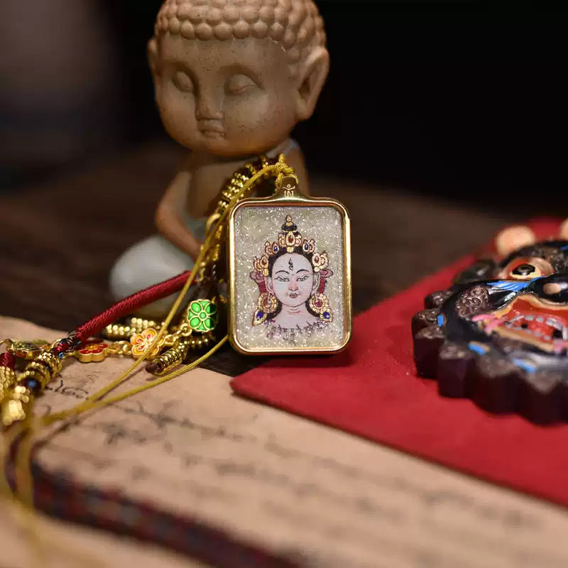 White Tara Thangka pendant necklace with Tibetan inspired handmade jewelry design