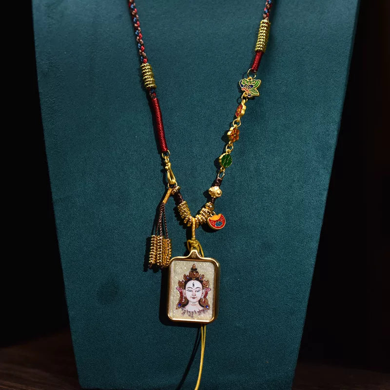Women's Tibetan White Tara Thangka pendant necklace for cultural style jewelry